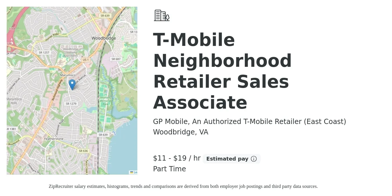 GP Mobile, An Authorized T-Mobile Retailer (East Coast) job posting for a T-Mobile Neighborhood Retailer Sales Associate in Woodbridge, VA with a salary of $12 to $20 Hourly with a map of Woodbridge location.