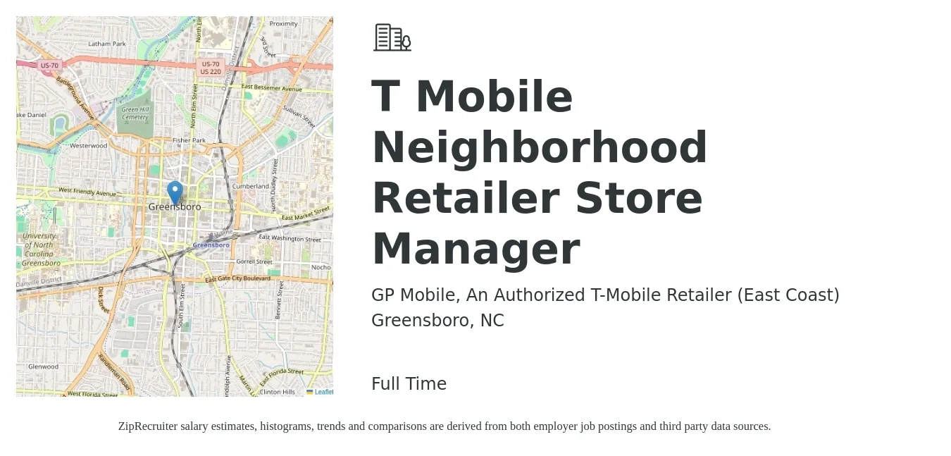 GP Mobile, An Authorized T-Mobile Retailer (East Coast) job posting for a T Mobile Neighborhood Retailer Store Manager in Greensboro, NC with a salary of $18 to $27 Hourly with a map of Greensboro location.