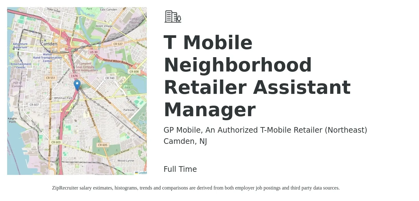 GP Mobile, An Authorized T-Mobile Retailer (Northeast) job posting for a T Mobile Neighborhood Retailer Assistant Manager in Camden, NJ with a salary of $16 to $22 Hourly with a map of Camden location.