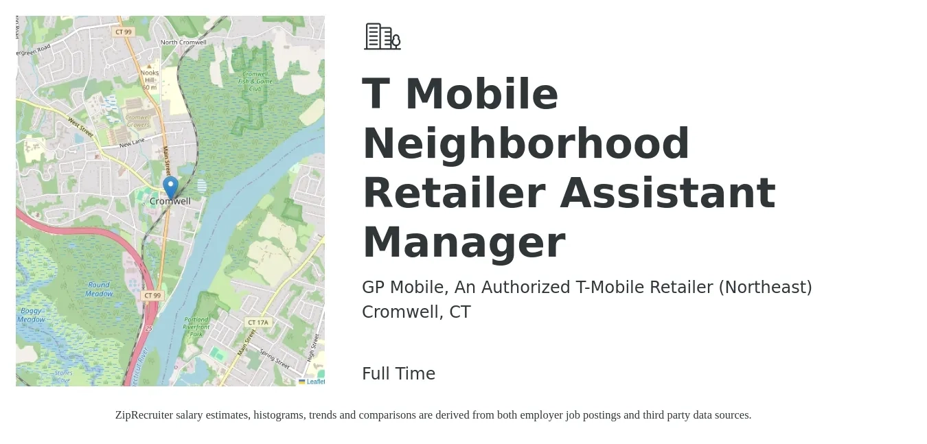 GP Mobile, An Authorized T-Mobile Retailer (Northeast) job posting for a T Mobile Neighborhood Retailer Assistant Manager in Cromwell, CT with a salary of $17 to $22 Hourly with a map of Cromwell location.
