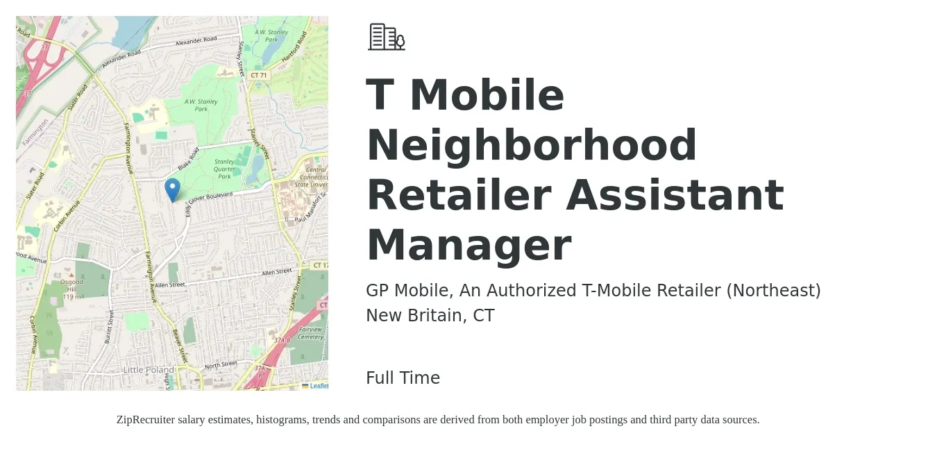 GP Mobile, An Authorized T-Mobile Retailer (Northeast) job posting for a T Mobile Neighborhood Retailer Assistant Manager in New Britain, CT with a salary of $16 to $22 Hourly with a map of New Britain location.