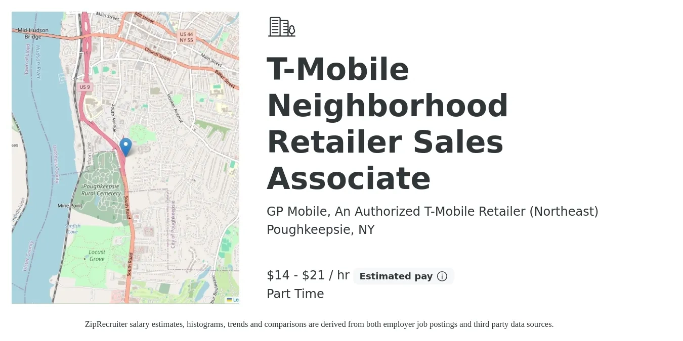 GP Mobile, An Authorized T-Mobile Retailer (Northeast) job posting for a T-Mobile Neighborhood Retailer Sales Associate in Poughkeepsie, NY with a salary of $15 to $22 Hourly with a map of Poughkeepsie location.