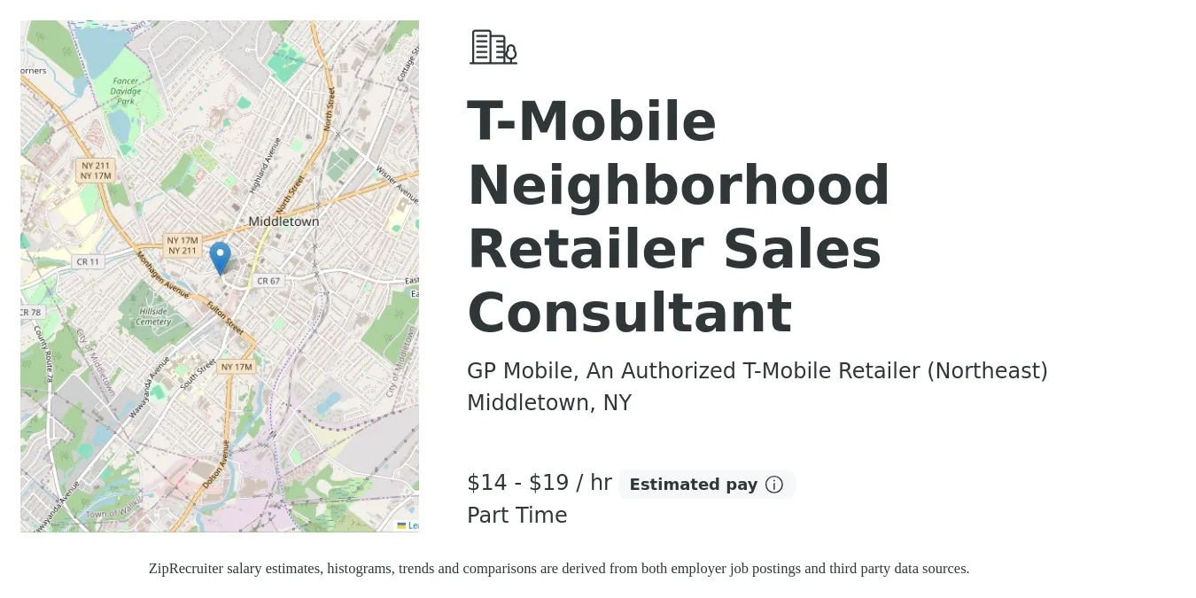 GP Mobile, An Authorized T-Mobile Retailer (Northeast) job posting for a T-Mobile Neighborhood Retailer Sales Consultant in Middletown, NY with a salary of $15 to $20 Hourly with a map of Middletown location.