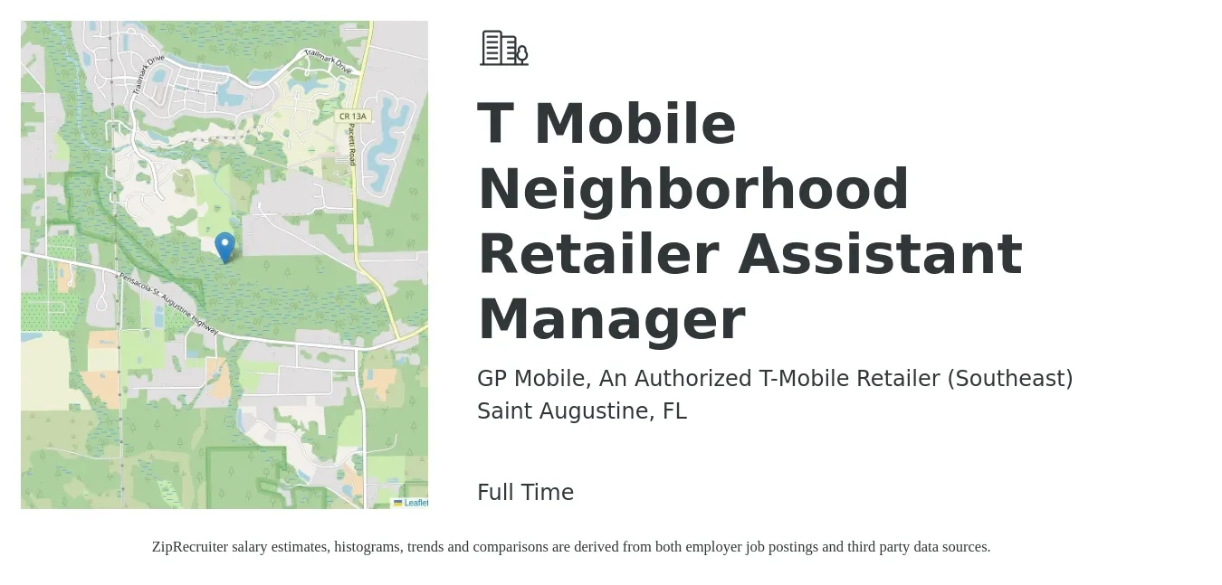 GP Mobile, An Authorized T-Mobile Retailer (Southeast) job posting for a T Mobile Neighborhood Retailer Assistant Manager in Saint Augustine, FL with a salary of $14 to $20 Hourly with a map of Saint Augustine location.