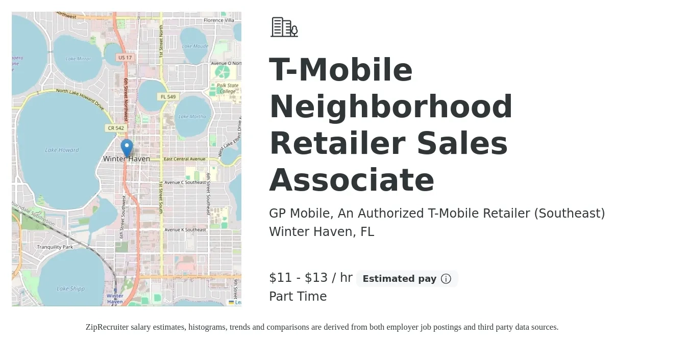 GP Mobile, An Authorized T-Mobile Retailer (Southeast) job posting for a T-Mobile Neighborhood Retailer Sales Associate in Winter Haven, FL with a salary of $12 to $14 Hourly with a map of Winter Haven location.