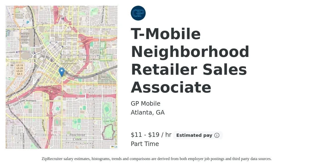GP Mobile job posting for a T-Mobile Neighborhood Retailer Sales Associate in Atlanta, GA with a salary of $12 to $20 Hourly with a map of Atlanta location.