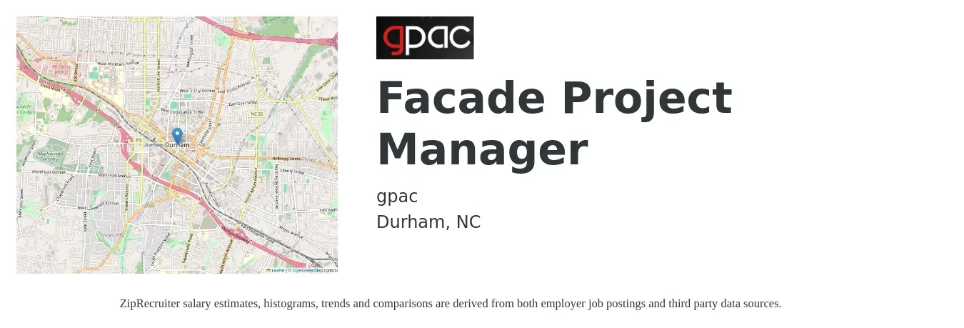 GPAC job posting for a Facade Project Manager in Durham, NC with a salary of $58,842 to $111,095 Yearly with a map of Durham location.