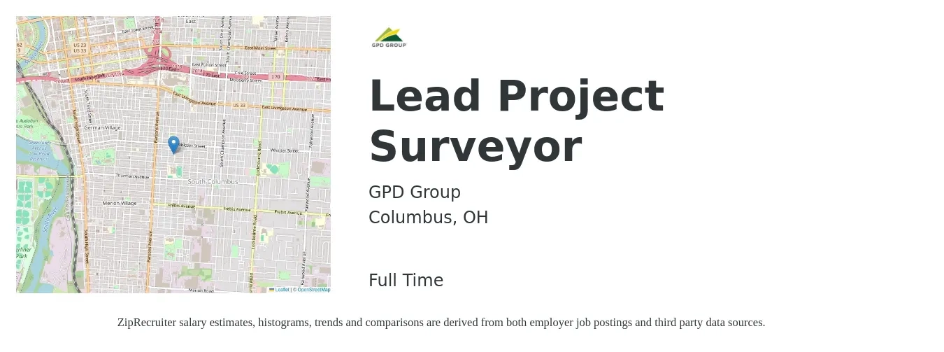 GPD Group job posting for a Lead Project Surveyor in Columbus, OH with a salary of $50,700 to $88,400 Yearly with a map of Columbus location.