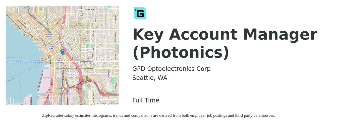 GPD Optoelectronics Corp job posting for a Key Account Manager (Photonics) in Seattle, WA with a salary of $83,100 to $126,300 Yearly with a map of Seattle location.