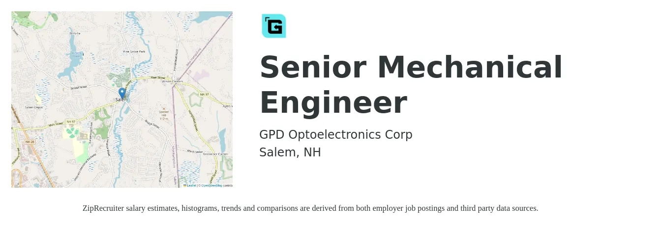 GPD Optoelectronics Corp job posting for a Senior Mechanical Engineer in Salem, NH with a salary of $104,300 to $137,800 Yearly with a map of Salem location.