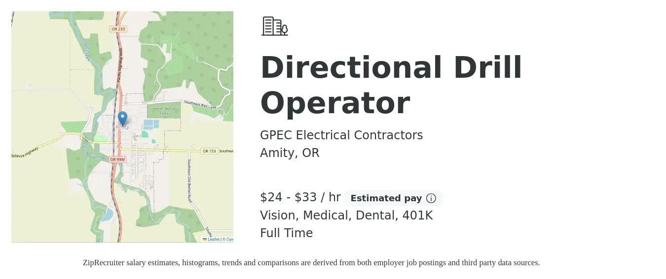 GPEC Electrical Contractors job posting for a Directional Drill Operator in Amity, OR with a salary of $25 to $35 Hourly and benefits including 401k, dental, medical, and vision with a map of Amity location.