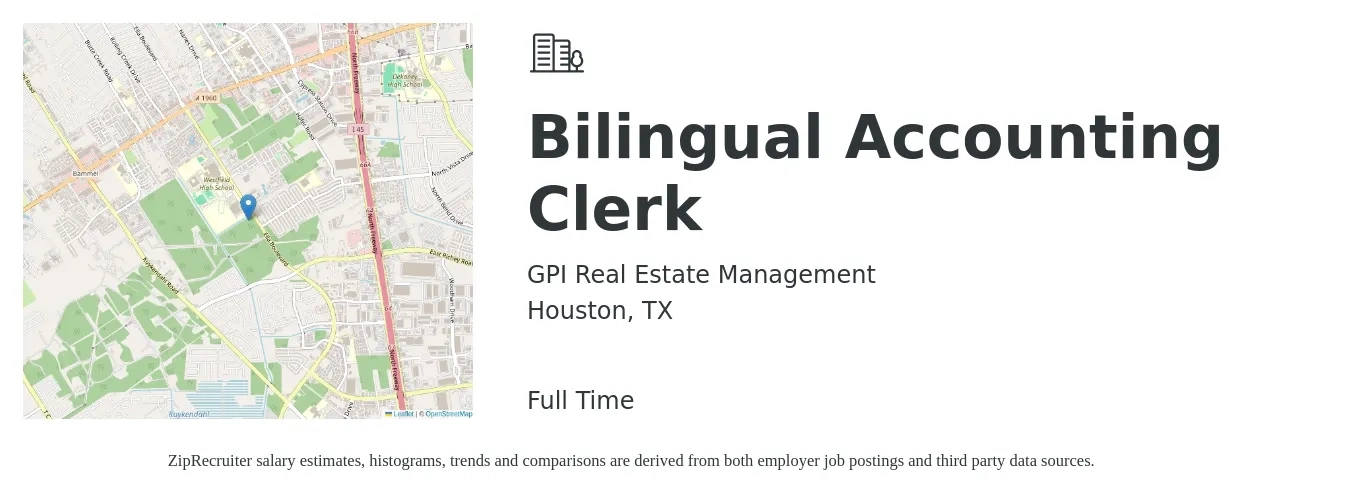 GPI Real Estate Management job posting for a Bilingual Accounting Clerk in Houston, TX with a salary of $18 to $23 Hourly with a map of Houston location.