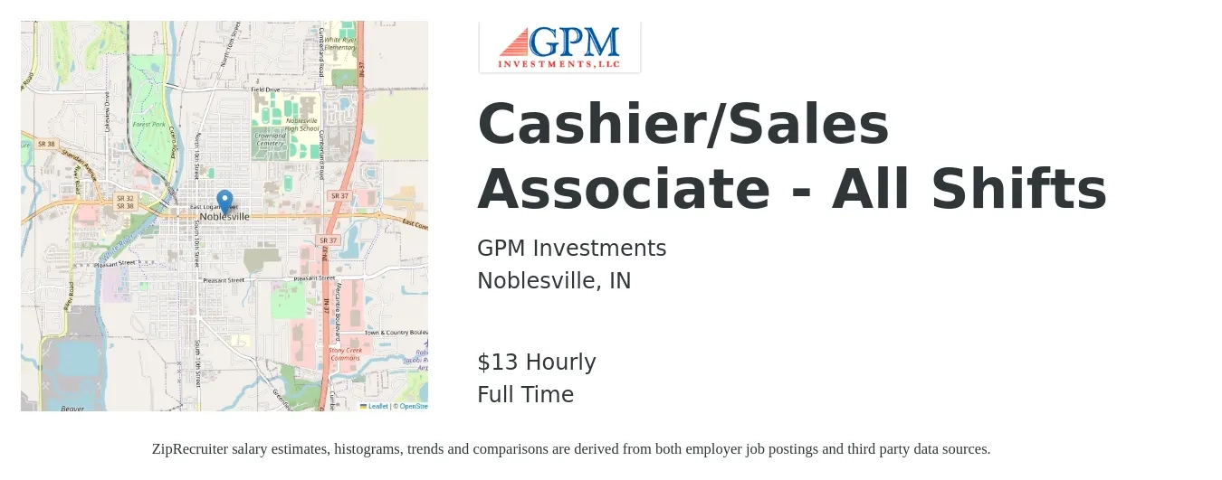 GPM Investments job posting for a Cashier/Sales Associate - All Shifts in Noblesville, IN with a salary of $14 Hourly with a map of Noblesville location.