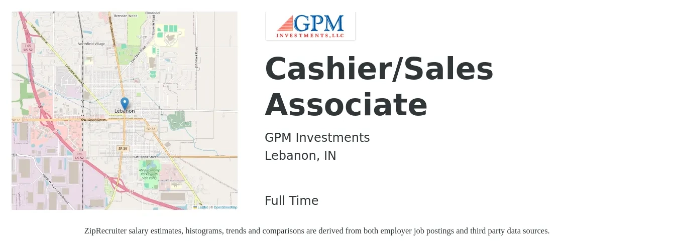 GPM Investments job posting for a Cashier/Sales Associate in Lebanon, IN with a salary of $12 to $17 Hourly with a map of Lebanon location.