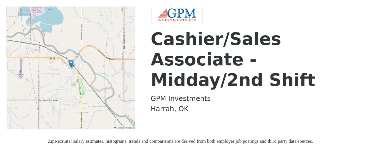 GPM Investments job posting for a Cashier/Sales Associate - Midday/2nd Shift in Harrah, OK with a salary of $12 to $18 Hourly with a map of Harrah location.