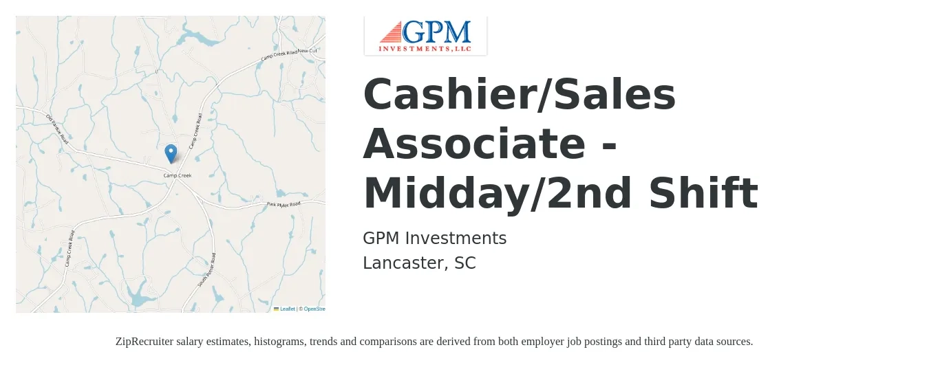 GPM Investments job posting for a Cashier/Sales Associate - Midday/2nd Shift in Lancaster, SC with a salary of $13 Hourly with a map of Lancaster location.