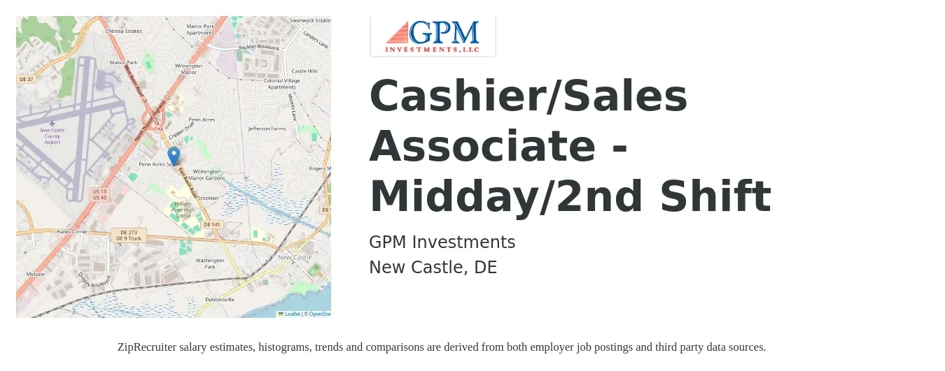 GPM Investments job posting for a Cashier/Sales Associate - Midday/2nd Shift in New Castle, DE with a salary of $12 to $16 Hourly with a map of New Castle location.