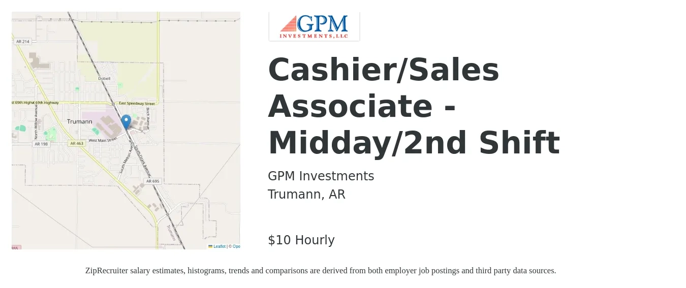 GPM Investments job posting for a Cashier/Sales Associate - Midday/2nd Shift in Trumann, AR with a salary of $11 Hourly with a map of Trumann location.