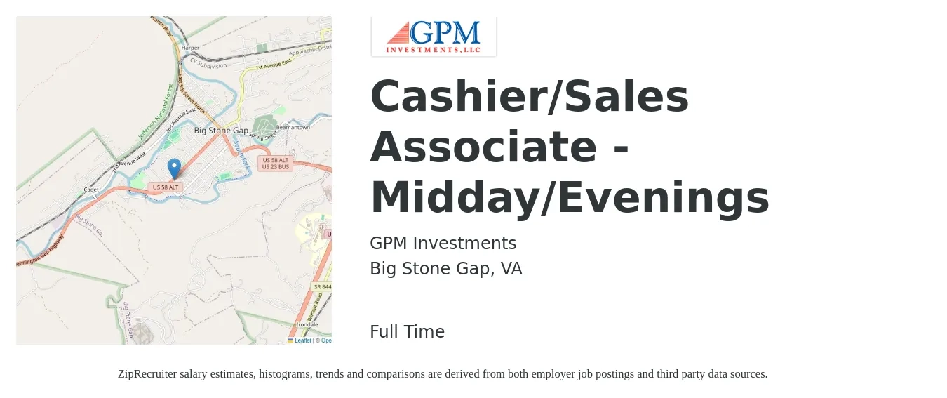 GPM Investments job posting for a Cashier/Sales Associate - Midday/Evenings in Big Stone Gap, VA with a salary of $13 to $16 Hourly with a map of Big Stone Gap location.