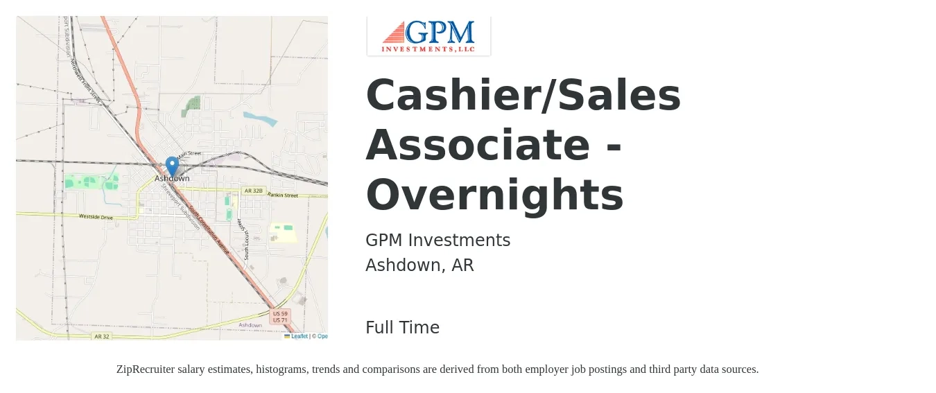GPM Investments job posting for a Cashier/Sales Associate - Overnights in Ashdown, AR with a salary of $12 to $16 Hourly with a map of Ashdown location.