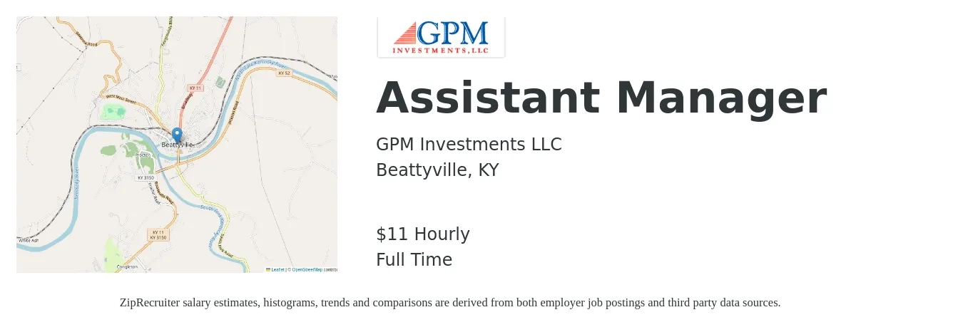 GPM Investments LLC job posting for a Assistant Manager in Beattyville, KY with a salary of $12 Hourly with a map of Beattyville location.