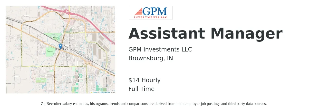 GPM Investments LLC job posting for a Assistant Manager in Brownsburg, IN with a salary of $15 Hourly with a map of Brownsburg location.