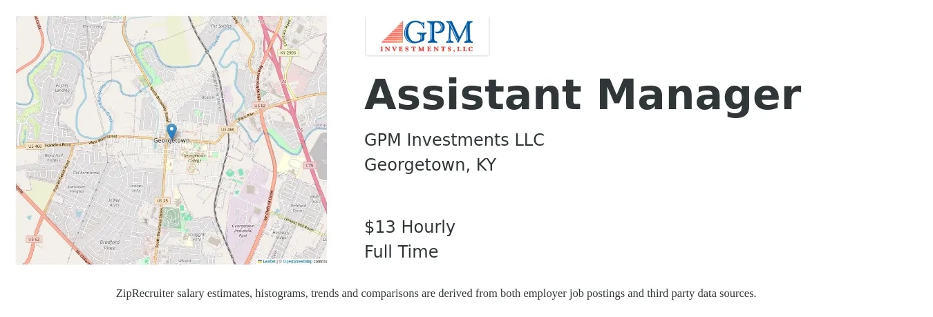 GPM Investments LLC job posting for a Assistant Manager in Georgetown, KY with a salary of $14 Hourly with a map of Georgetown location.