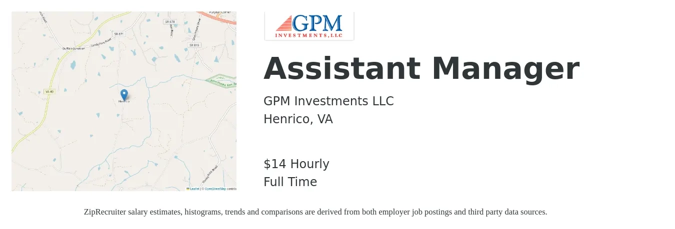 GPM Investments LLC job posting for a Assistant Manager in Henrico, VA with a salary of $15 Hourly with a map of Henrico location.