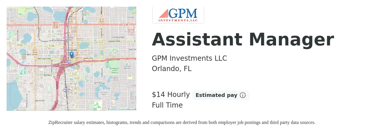 GPM Investments LLC job posting for a Assistant Manager in Orlando, FL with a salary of $15 Hourly with a map of Orlando location.