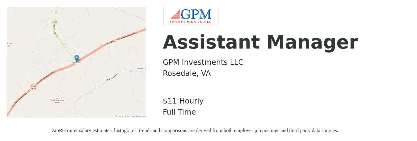 GPM Investments LLC job posting for a Assistant Manager in Rosedale, VA with a salary of $14 Hourly with a map of Rosedale location.