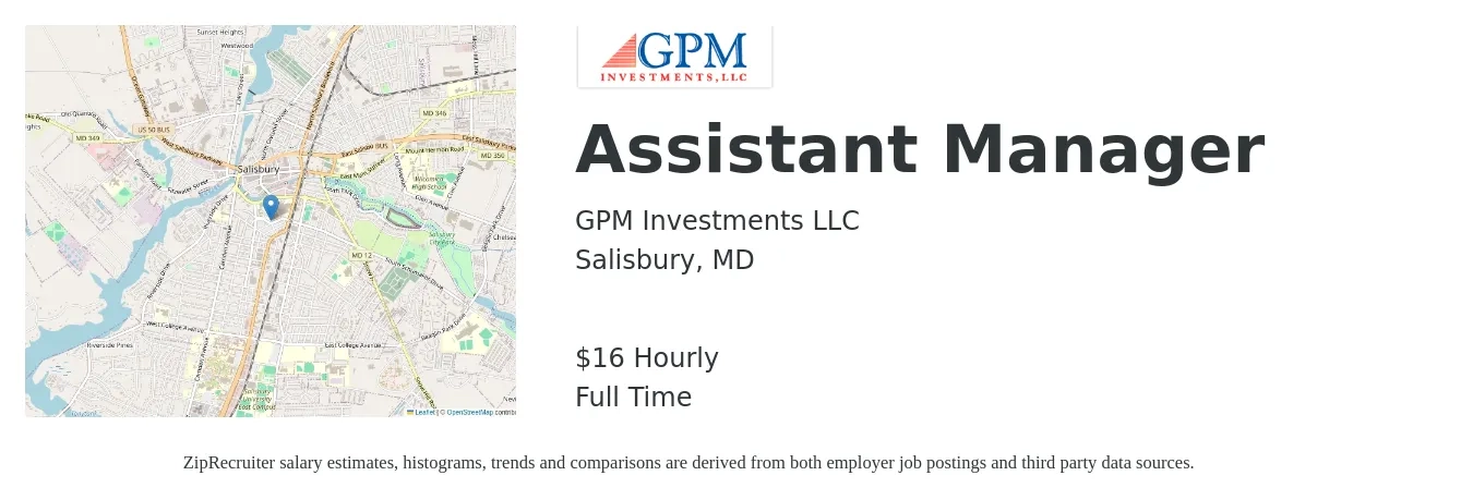 GPM Investments LLC job posting for a Assistant Manager in Salisbury, MD with a salary of $17 Hourly with a map of Salisbury location.