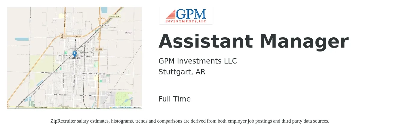 GPM Investments LLC job posting for a Assistant Manager in Stuttgart, AR with a salary of $13 Hourly with a map of Stuttgart location.