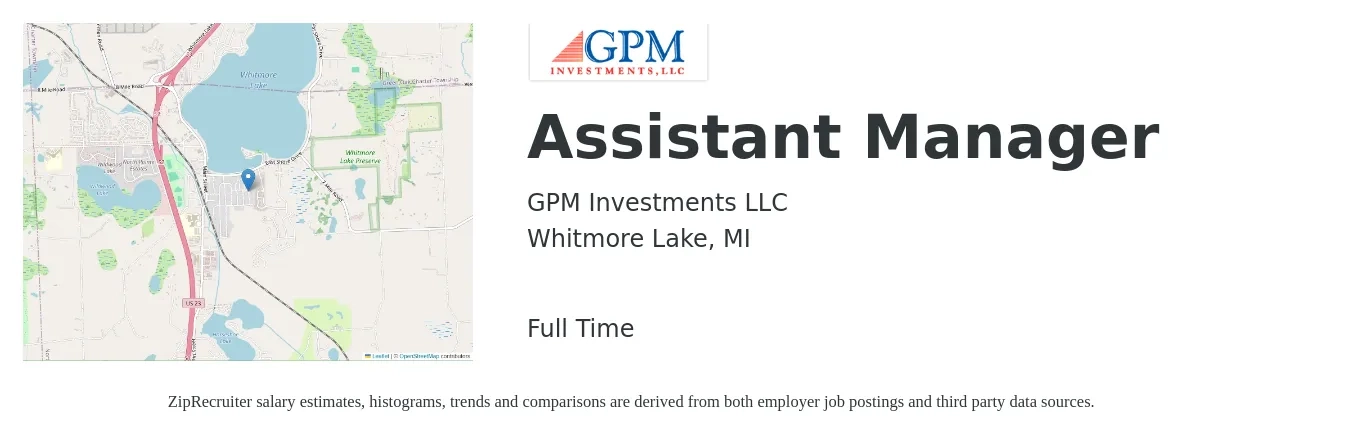 GPM Investments LLC job posting for a Assistant Manager in Whitmore Lake, MI with a salary of $15 to $21 Hourly with a map of Whitmore Lake location.