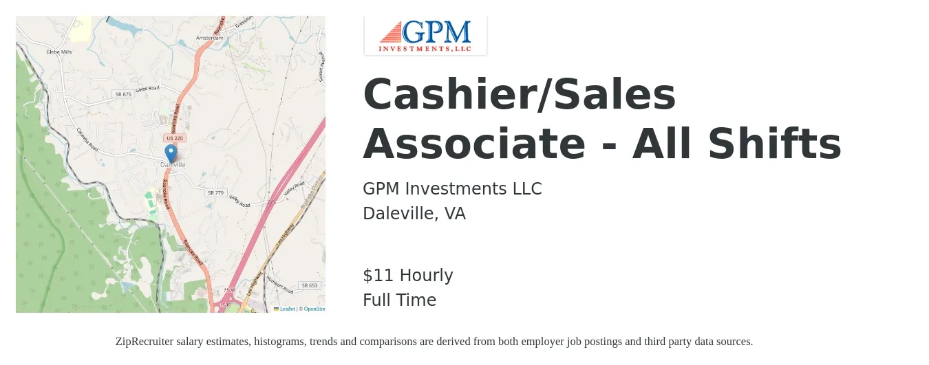 GPM Investments job posting for a Cashier/Sales Associate - All Shifts in Daleville, VA with a salary of $13 Hourly with a map of Daleville location.