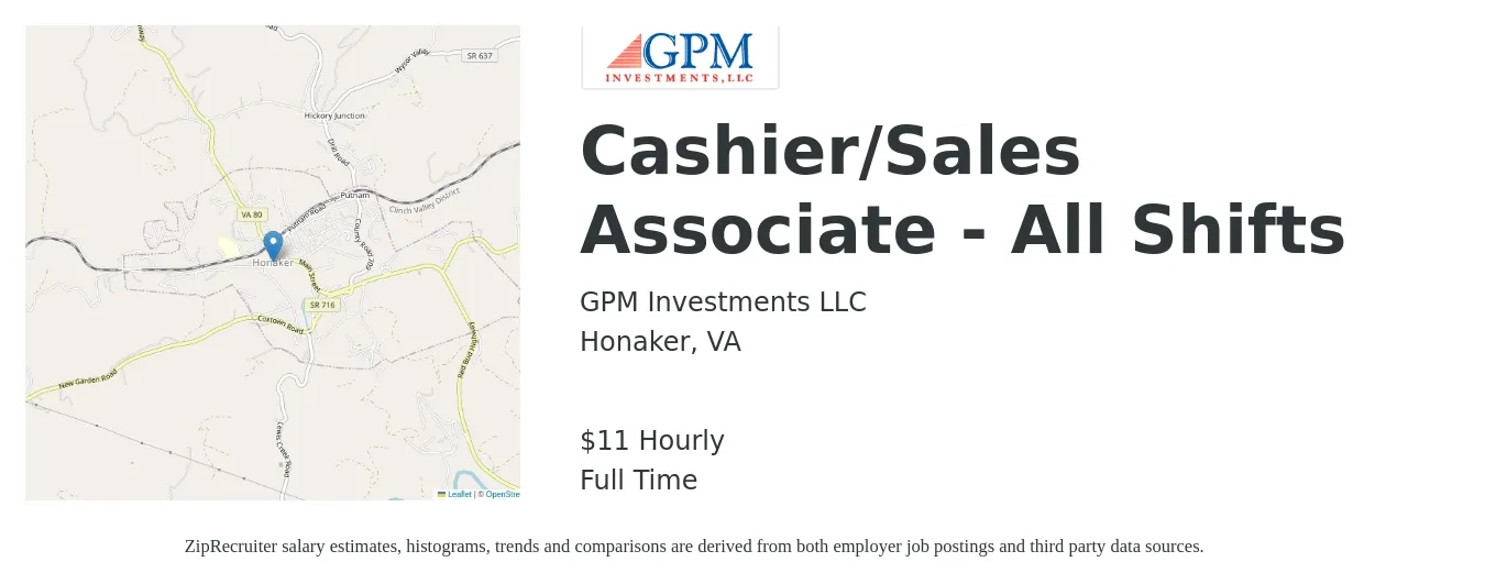 GPM Investments job posting for a Cashier/Sales Associate - All Shifts in Honaker, VA with a salary of $12 Hourly with a map of Honaker location.
