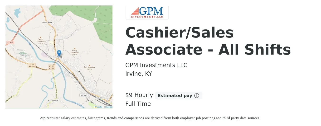 GPM Investments LLC job posting for a Cashier/Sales Associate - All Shifts in Irvine, KY with a salary of $10 Hourly with a map of Irvine location.