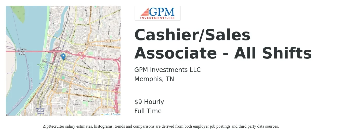 GPM Investments LLC job posting for a Cashier/Sales Associate - All Shifts in Memphis, TN with a salary of $10 Hourly with a map of Memphis location.