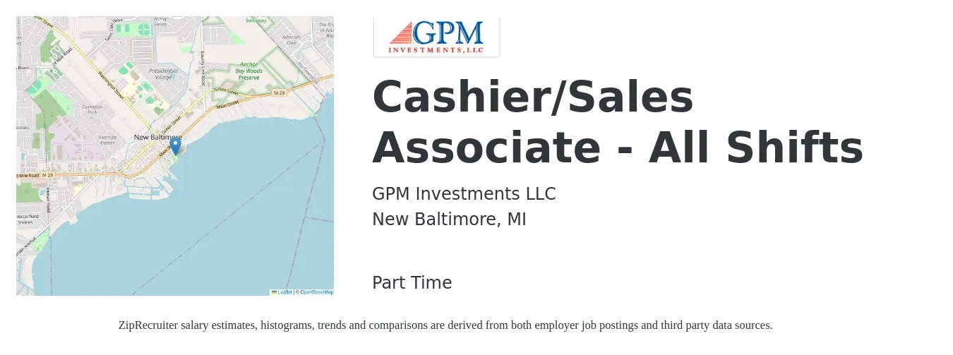 GPM Investments LLC job posting for a Cashier/Sales Associate - All Shifts in New Baltimore, MI with a salary of $11 to $16 Hourly with a map of New Baltimore location.