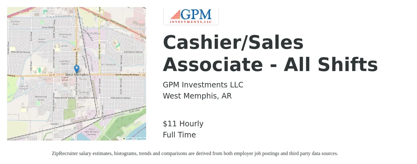 GPM Investments job posting for a Cashier/Sales Associate - All Shifts in West Memphis, AR with a salary of $11 Hourly with a map of West Memphis location.