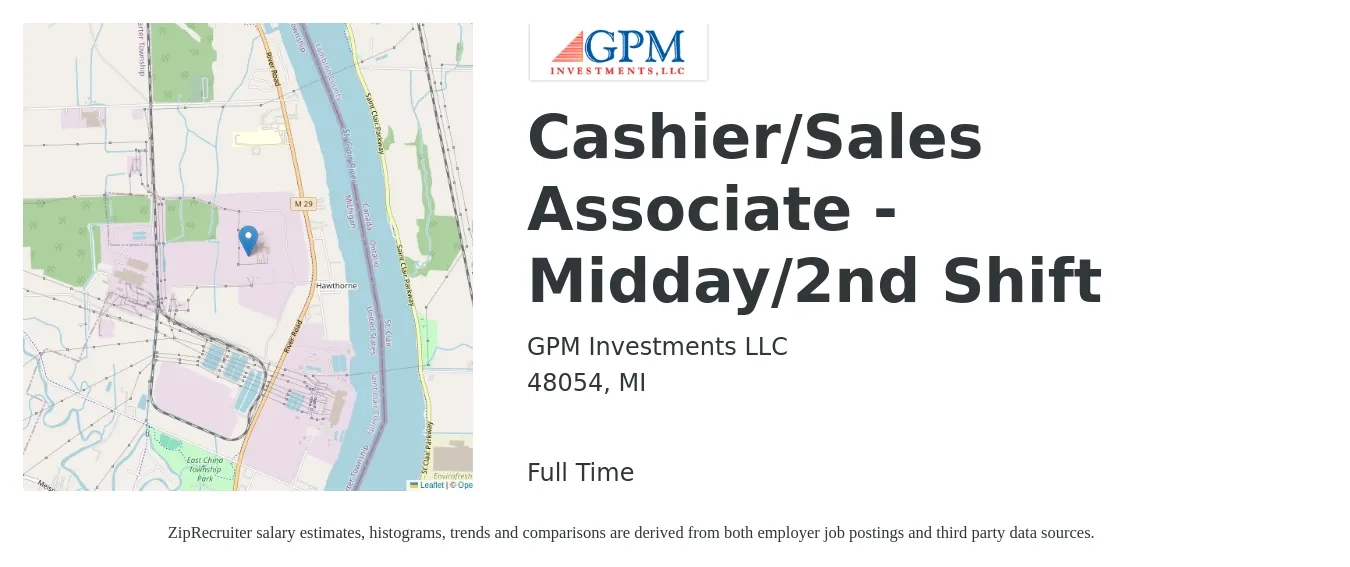 GPM Investments LLC job posting for a Cashier/Sales Associate - Midday/2nd Shift in 48054, MI with a salary of $12 to $17 Hourly with a map of 48054 location.