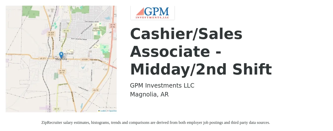 GPM Investments job posting for a Cashier/Sales Associate - Midday/2nd Shift in Magnolia, AR with a salary of $12 to $16 Hourly with a map of Magnolia location.