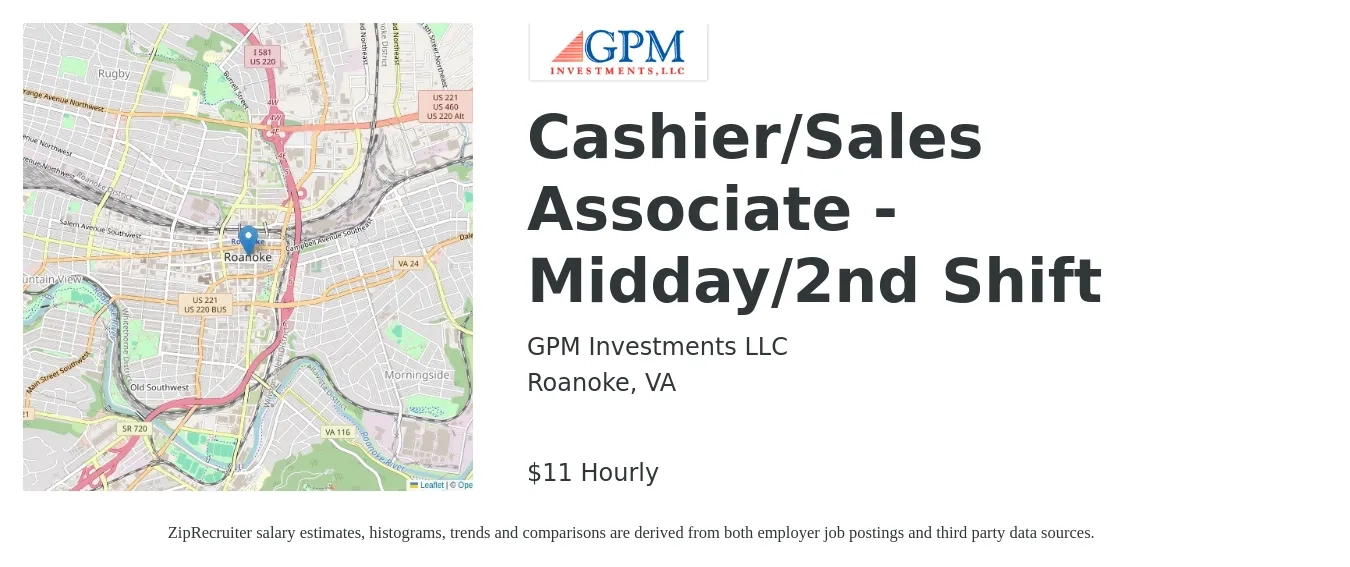 GPM Investments LLC job posting for a Cashier/Sales Associate - Midday/2nd Shift in Roanoke, VA with a salary of $12 Hourly with a map of Roanoke location.