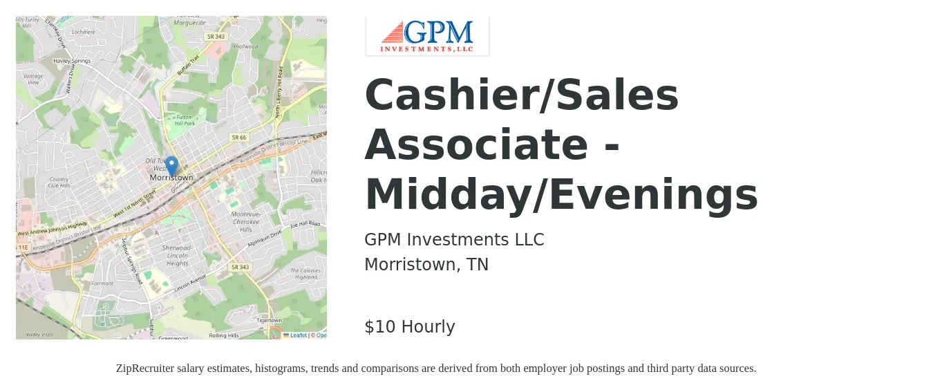 GPM Investments job posting for a Cashier/Sales Associate - Midday/Evenings in Morristown, TN with a salary of $11 Hourly with a map of Morristown location.