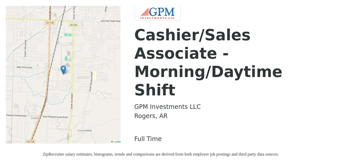 GPM Investments LLC job posting for a Cashier/Sales Associate - Morning/Daytime Shift in Rogers, AR with a salary of $10 to $15 Hourly with a map of Rogers location.