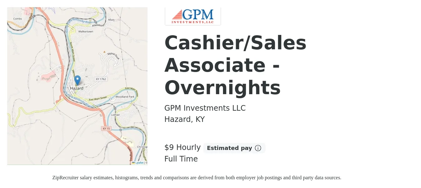 GPM Investments job posting for a Cashier/Sales Associate - Overnights in Hazard, KY with a salary of $10 Hourly with a map of Hazard location.