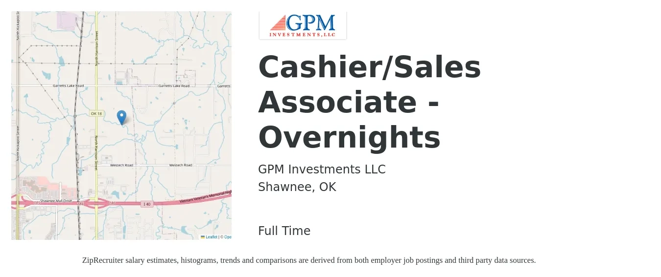 GPM Investments LLC job posting for a Cashier/Sales Associate - Overnights in Shawnee, OK with a salary of $11 to $16 Hourly with a map of Shawnee location.