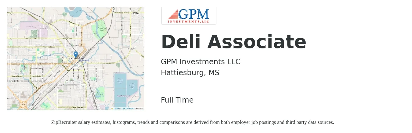 GPM Investments LLC job posting for a Deli Associate in Hattiesburg, MS with a salary of $9 Hourly with a map of Hattiesburg location.