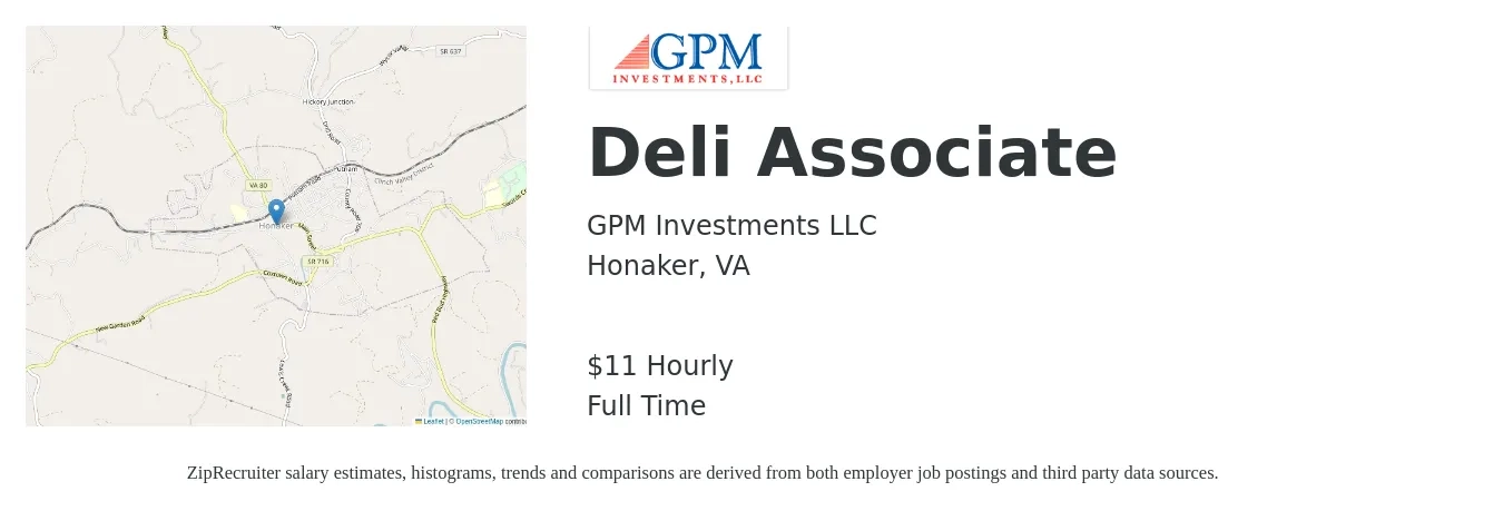 GPM Investments LLC job posting for a Deli Associate in Honaker, VA with a salary of $12 Hourly with a map of Honaker location.