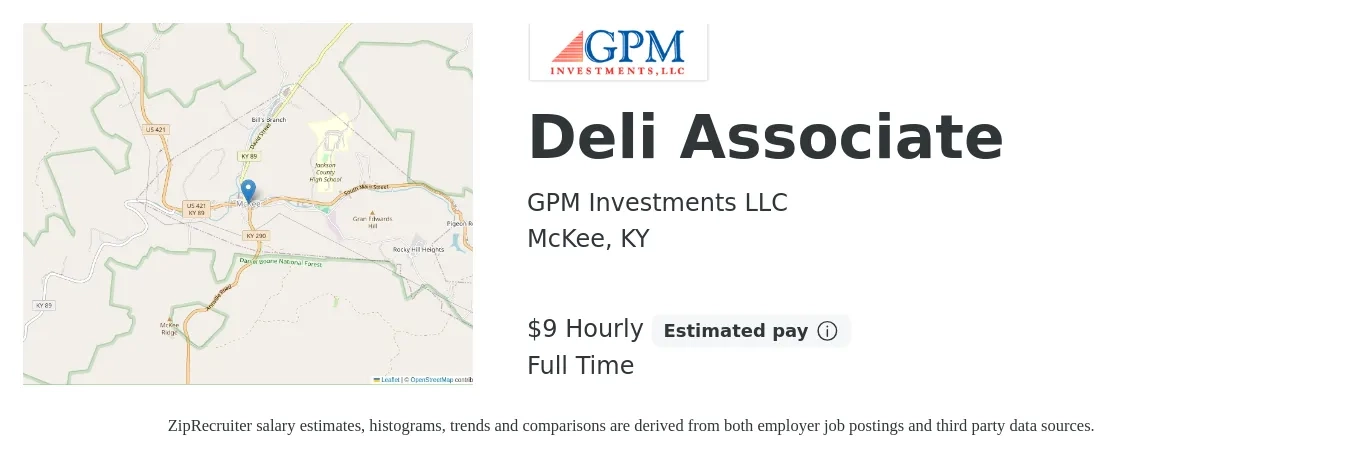 GPM Investments LLC job posting for a Deli Associate in McKee, KY with a salary of $10 Hourly with a map of McKee location.