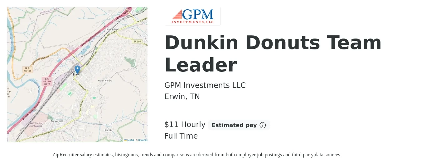 GPM Investments LLC job posting for a Dunkin Donuts Team Leader in Erwin, TN with a salary of $12 Hourly with a map of Erwin location.